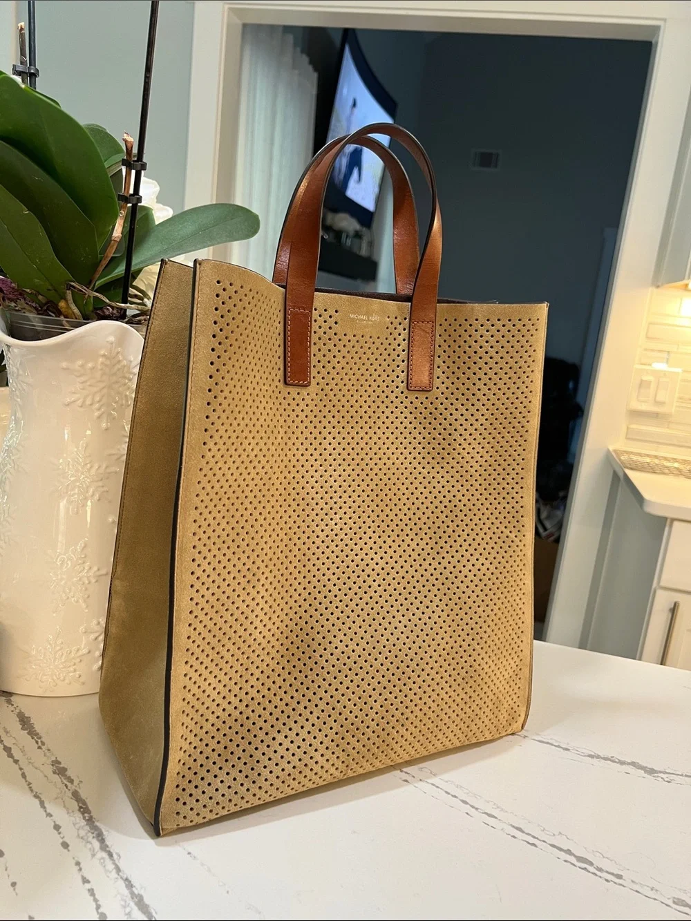 Michael Kors Collection Perforated Suede Tote in Tan with Brown Leather Handles